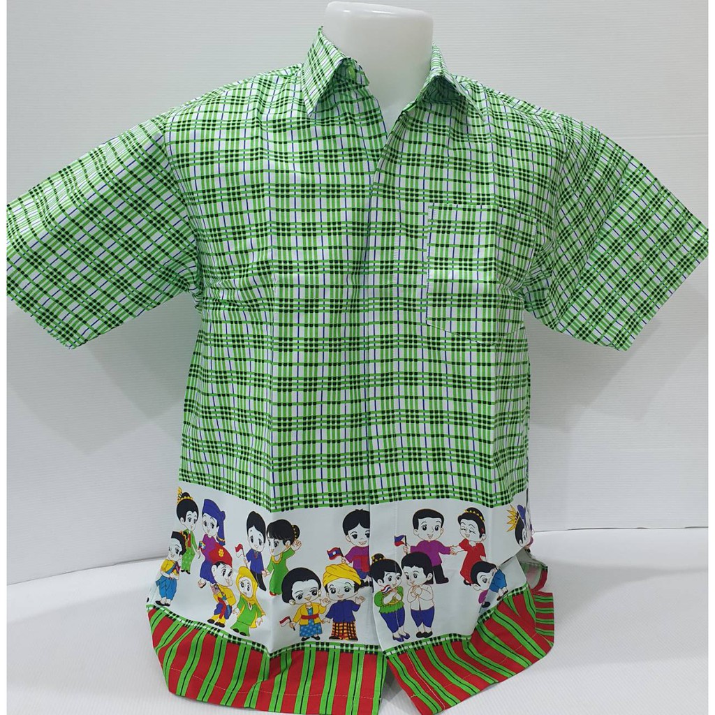 เสื้อลายไทยคอเชิ้ต-สีเขียวลายสก็อตอาเซียน-ผู้ชาย