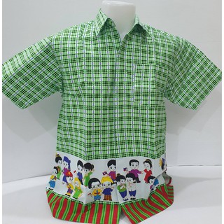 เสื้อลายไทยคอเชิ้ต - สีเขียวลายสก็อตอาเซียน ผู้ชาย