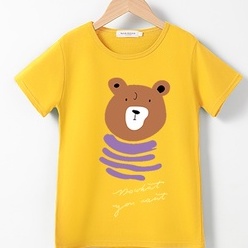 เสื้อผ้าเด็กโต-เสื้อยืดเด็กคอกลมแขนสั้นผ้าคอตตอนลายการ์ตูนหมี