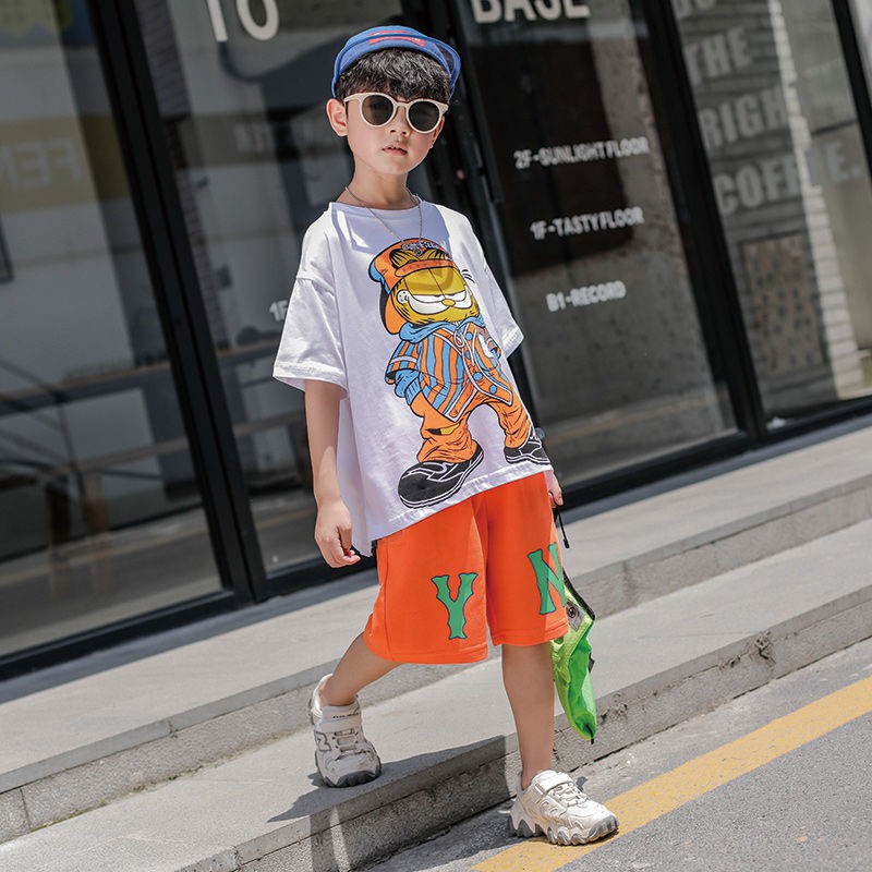 เกาหลีขายร้อน-เสื้อและกางเกงขาสั้น-ชุดสูทผ้าฝ้ายฤดูร้อนสำหรับเด็กผู้ชายปี-2021-เทรนด์สไตล์เกาหลีของเด็กวัยกลางคนหล่อแ