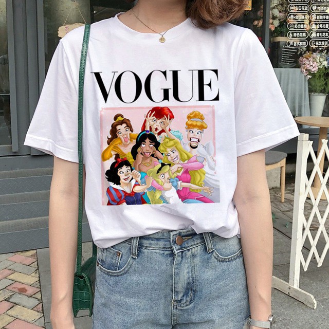 vogue-เสื้อยืดสตรีคอกลมสีขาวพิมพ์ลายตัวอักษรหิมะ