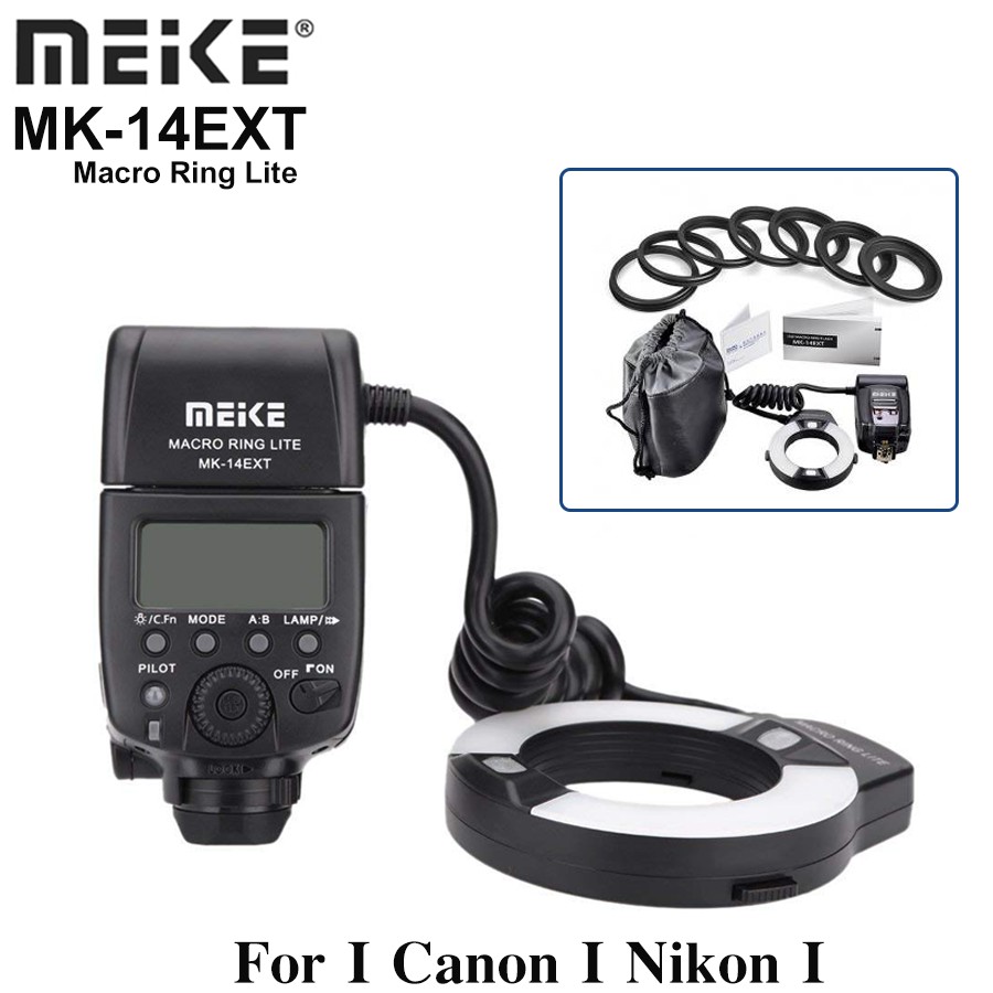 Meike MK-14EXT Flash Anello Macro LED E-TTL Per Canon, Con 8 Adattatori E TTL, Per Reflex E Mirrorless