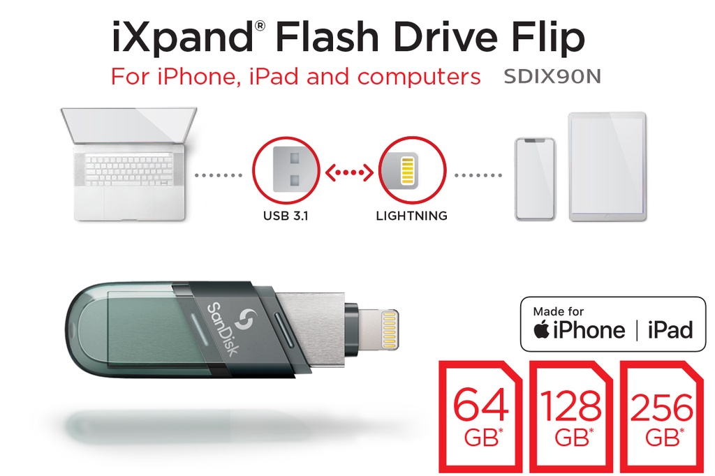 ภาพประกอบคำอธิบาย SanDisk iXpand Flash drive 64-256GB แฟลชไดร์ฟ สำหรับ iPhone iPad ไอโฟน ไอแพด เมมโมรี่ แซนดิส สำรองข้อมูล