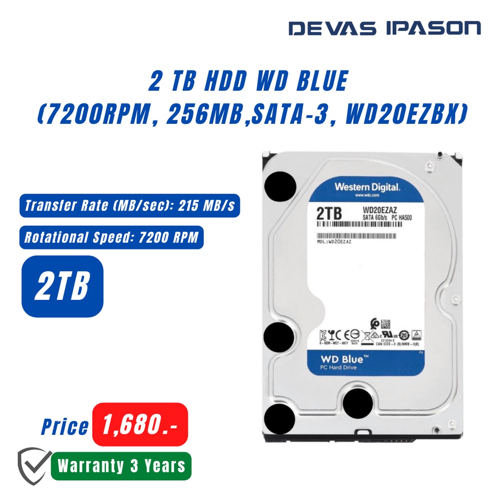 WD Blue 2TB PC Desktop Hard Drive, 7200 RPM SATA 6Gb/s 256MB Cache - Recertified (RWD20EZBX)