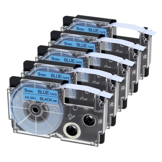 5pcs XR9BU 9mm compatible Casio label tape black on blue
