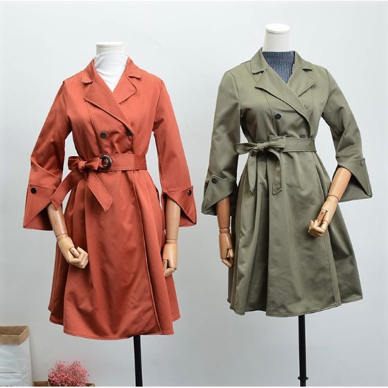 พร้อมส่ง-trench-coat-ผ้าดี-ทิ้งตัว-เนื้อผ้าเงามันสวย-ทรงกระโปรง-ติดกระดุมแป๊ะด้านหน้า