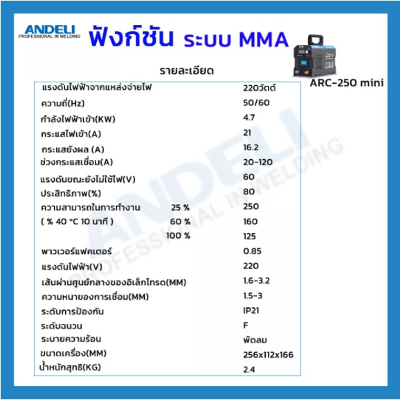 ลดพิเศษ-andeli-arc-250mini-เครื่องเชื่อม-inverter-ระบบ-mma-ใช้งานง่ายเพียงปุ่มเดียว-ทนทาน-รับประกัน-1-ปี