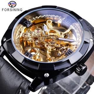 Forsining Royal Black Golden Clock Transparent Case Fashion Black Genuine Leather Band Luminous Hands Automatic Watches