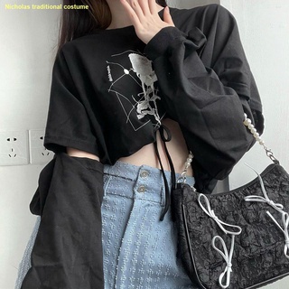 คะนอง🍒Hem Drawstring เสื้อยืดแขนสั้นที่ถอดออกได้ผู้หญิง Cropped Top