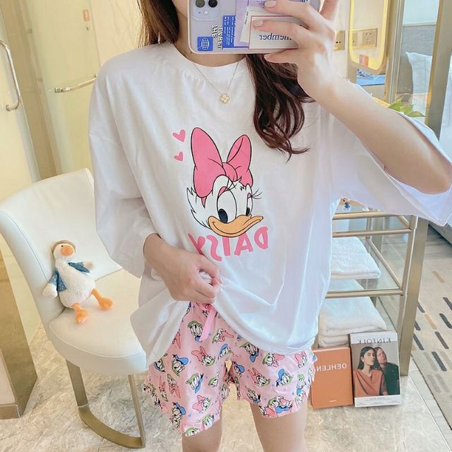 ชุดนอนผ้ายืด-เสื้อแขนสั้น-กางเกงขาสั่น