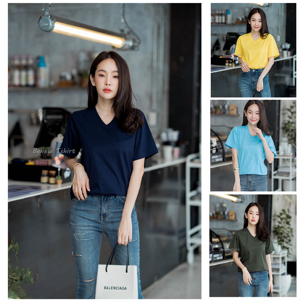 โทนสีขายดี-เสื้อเปล่า-ไม่มีลาย-คอวี-cotton-100-no-32-เสื้อยืดใส่สบาย-เสื้อเรียบๆ-เสื้อเปล่า