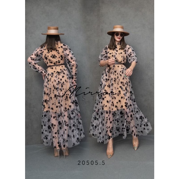 ป้าย-mirrorsister-20505-5-เดรสผ้าซีทรูลายดอกกำมหยี่สีดำ-คอตั้งแต่งกุ๊นระบาย-มีซับใน-มาพร้อมเข็มขัด