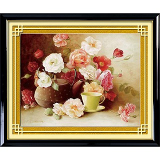 ชุดปักครอสติชพิมพ์ลาย ดอกโบตั๋น ดอกไม้ กาแฟ น้ำชา (Fresh peony cross stitch kit)