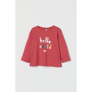 H&amp;M ชุดเด็กผู้หญิง เสื้อเด็กเล็ก เสื้อยืดแขนยาว สีแดงเข้ม Hello World