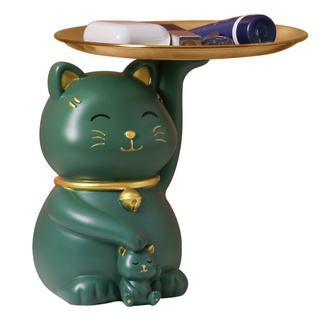 Green Lucky Cat แมวนำโชค และลูกตัวน้อย ถือถาด porch lucky cat แมวประดับ ที่เก็บเครื่องประดับ กุญแจ   ตกแต่งสำนักงาน