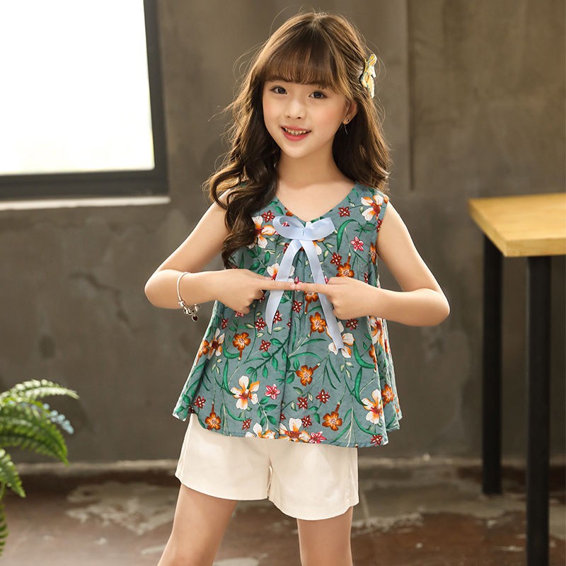 ชุดเด็กผู้หญิงฤดูร้อนใหม่ชุดเด็กเกาหลีแขนกุดกางเกงขาสั้นสองชิ้น
