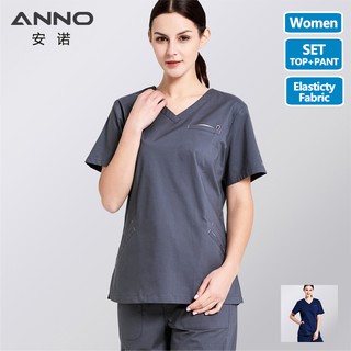 Anno ชุดขัดผิวทางการแพทย์ผ้าฝ้ายพร้อมชุดพยาบาลสแปนเด็กซ์ร่างกายผู้หญิงบางพอดีแฟชั่นชุดพยาบาล