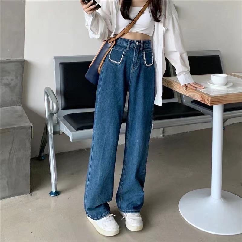 fashion-กางเกงกระเป๋าลูกปัด-ยีนส์-น่าฮักทรงขากระบอก-ยีนส์เข้ม-เนื้อผ้าดีระบายอากาศใส่สบาย-c57