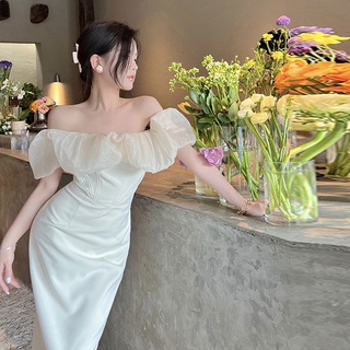 🔥Hot Sale / French elegant flower bud one-shoulder slim bag hip skirt dress high-end ชุดวันหยุดริมทะเลบริสุทธิ์