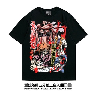 เสื้อยืดโอเวอร์ไซส์❁✜▲Rurouni Kenshin Fei Village สองมิติอะนิเมะฤดูใบไม้ร่วงไหล่หลวมขนาดใหญ่ขนาดใหญ่แขนสั้นเสื้อยืดผู้ชา