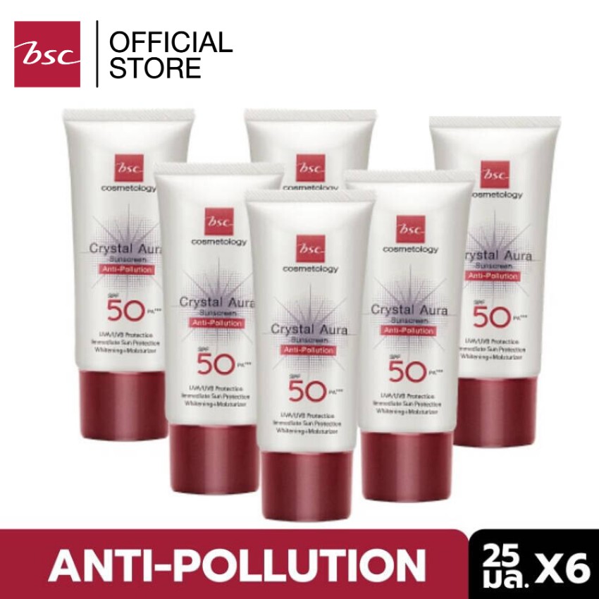 แพค-6-ชิ้น-bsc-crystal-aura-sunscreen-spf-50-pa-anti-pollution-25-กรัม-ครีมกันแดด-best-seller-จาก-bsc