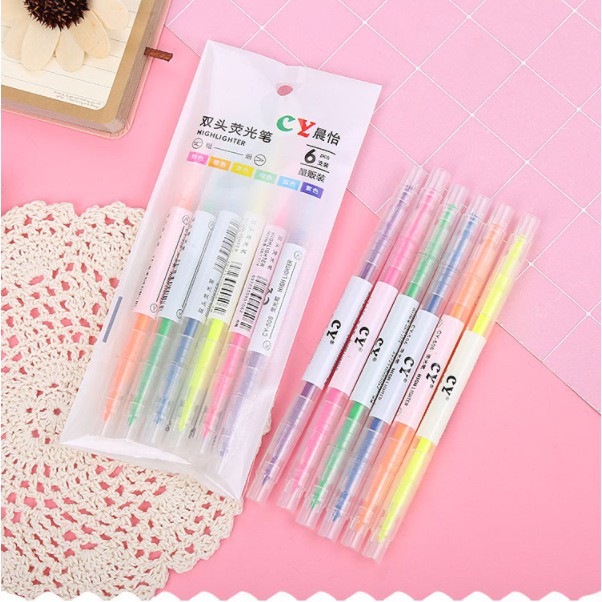 ปากกาไฮไลท์-2-ด้าน-แพ็ค-6แท่ง-ไฮไลท์-color-mark-pen-cute-6-pcs-set-ปากกาเน้นข้อความ-มี-2-หัว