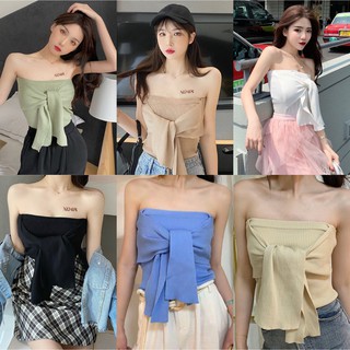 cicishop(พร้อมส่ง)เสื้อเกาะอกไหมพรม ผูกโบว์ด้านหน้า  [1612]