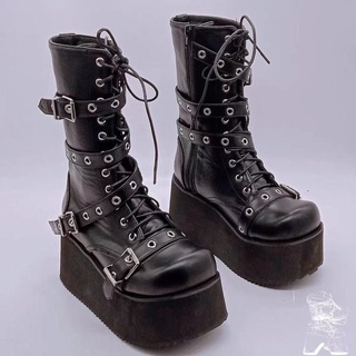 ขนาด 36-43 รองเท้าบูทสตรี Punk เข็มขัดหัวเข็มขัดหนารองเท้าบูทสูง Martin Boots