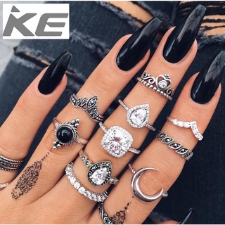 Vintage Black Gem Hollow Crown Diamond Water Drop Moon Geometric Leaf Ring 10 Piece Set for gi