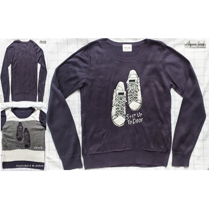 aqua-leaf-เสื้อสเวตเตอร์ไหมพรม-สีกรมท่าทอลาย-ไซส์-36-40-มือสอง-สภาพใหม่มาก-unisex