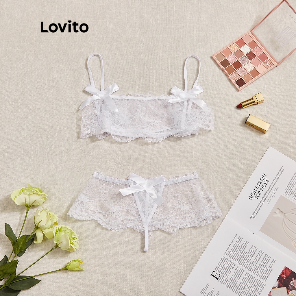 ภาพสินค้าLovito ชุดบราชั้นใน และกางเกงชั้นใน เสื้อซีทรู ผูกเชือก มีโบด้านหน้า ลายลูกไม้ สไตล์น่ารัก L15D085 (สีชมพู/สีขาว) จากร้าน lovito.th บน Shopee ภาพที่ 4