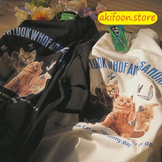 AKIFOON 🌷พร้อมส่ง🌷2259&amp; เสื้อยืดผญสวยๆ เสื้อโอเวอร์ไซส์แขนสั้นสีขาว ลายแมว ผ้ายืดนิ่ม แฟชั่นสไตร์เกาหลี คอกลม