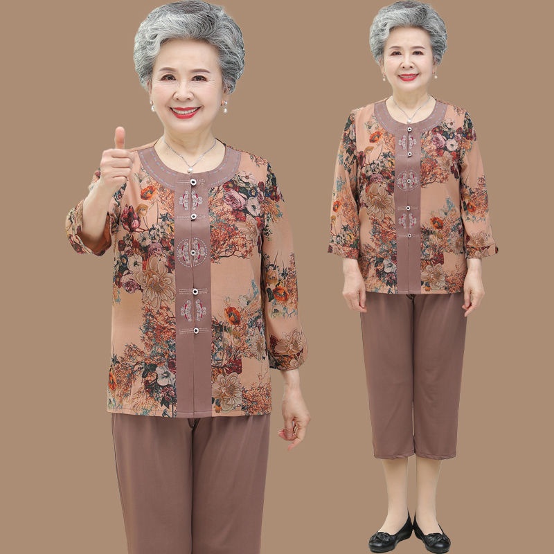 เสื้อผู้หญิง-เสื้อคนแก่-วัยกลางคนและผู้สูงอายุปัก-tang-ชุดหญิง-60-ปียาย-70-ปีฤดูร้อนเสื้อแม่ยายแม่บุญธรรมชุดสองชิ้