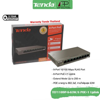 TENDA Switch(สวิตซ์ฮับ)10/100 8-Port PoE+/1Uplink รุ่นTEF1109P-8-63W(รับประกัน5ปี)