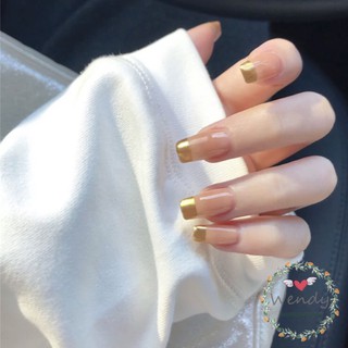 24pcs Fashionable Gold French Square Head Fake Nails Lasting Healthy Long Full Cover Nail Pieces with Glue Daily Wear