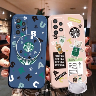 เคสโทรศัพท์มือถือ ขอบสี่เหลี่ยม ลาย Starbucks พร้อมแหวนขาตั้ง สําหรับ Samsung Galaxy S22 Ultra S21 FE A33 A53 A73 A03S M32 M22