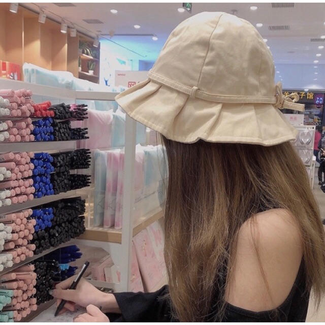 ราคาและรีวิวพร้อมส่ง หมวกบักเก็ตผ้า ผูกโบว์ สไตล์เกาหลี (มี 5 สี)