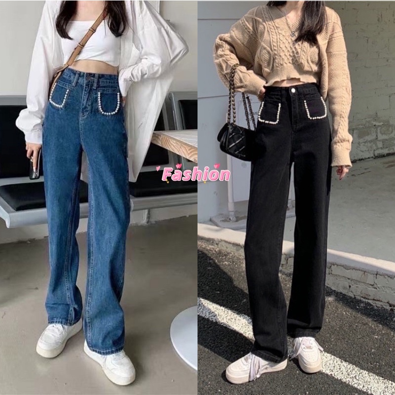 fashion-กางเกงกระเป๋าลูกปัด-ยีนส์-น่าฮักทรงขากระบอก-ยีนส์เข้ม-เนื้อผ้าดีระบายอากาศใส่สบาย-c57