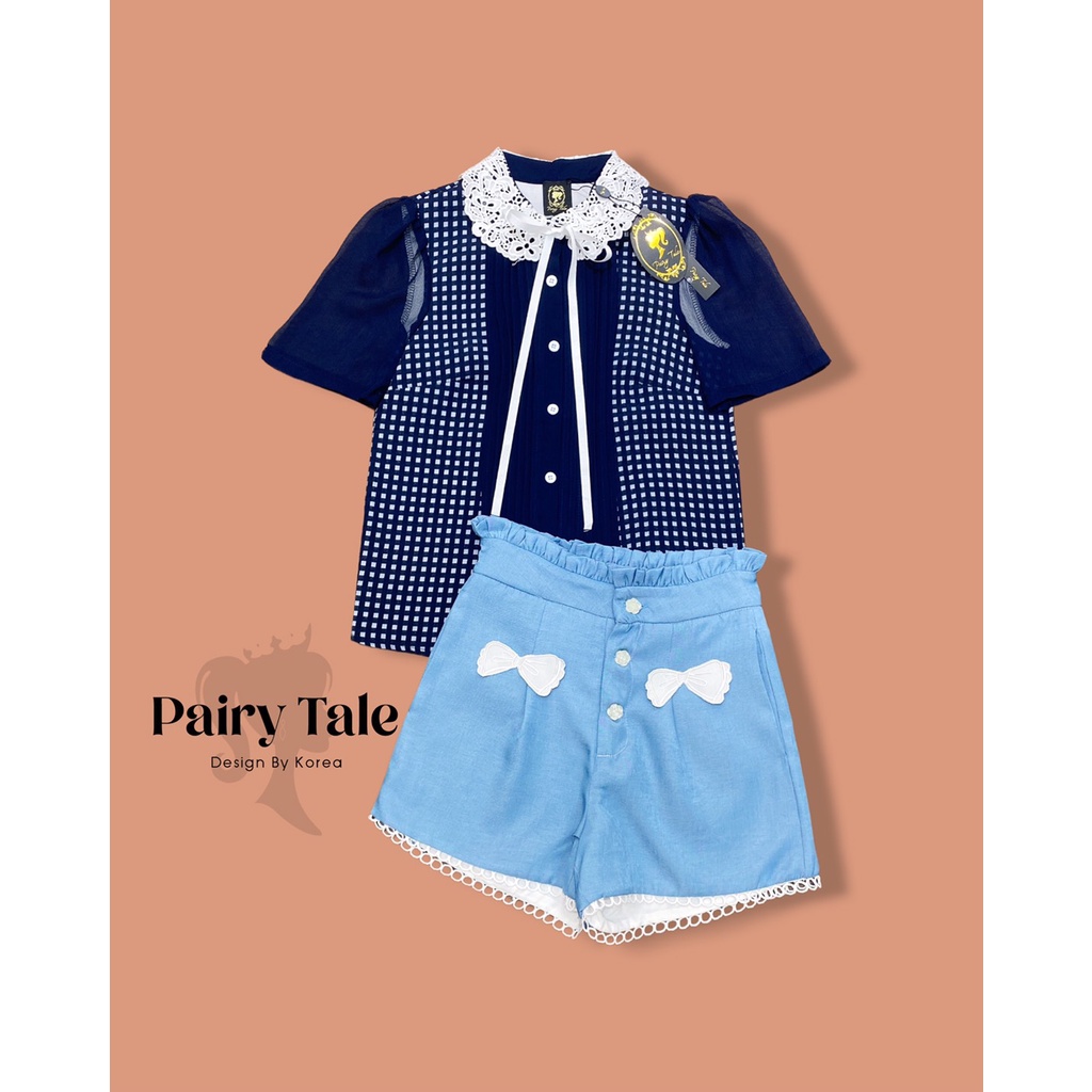 pairy-tale-setเสื้อเชิ๊ตคอบัวลูกไม้แต่งโบว์-ตัวเสื้อตีเกล็ดด้านหน้า-กางเกงขาสั้นเอวจีบสูง-แต่งโบว์ปักน่ารักๆเลยค่าา