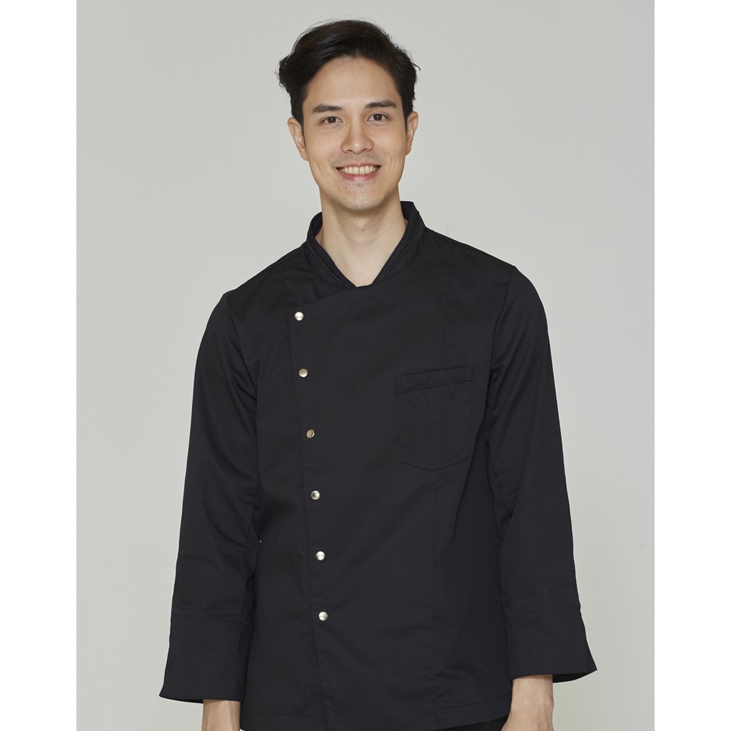 ภาพหน้าปกสินค้าdapp Uniform เสื้อเชฟ จอนนี่ แขนยาว Johnny Black Longsleeves Chef Jacket with Press Buttons สีดำ(TJKB1010) จากร้าน dappuniform บน Shopee