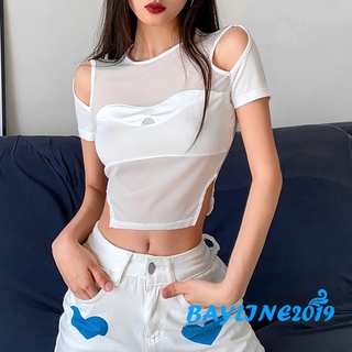 Bay- เสื้อครอปท็อป คอกลม แขนสั้น แบบสวมหัว ผ้าตาข่าย ฉลุลาย แฟชั่นฤดูร้อน สําหรับผู้หญิง S M L สีดํา ขาว