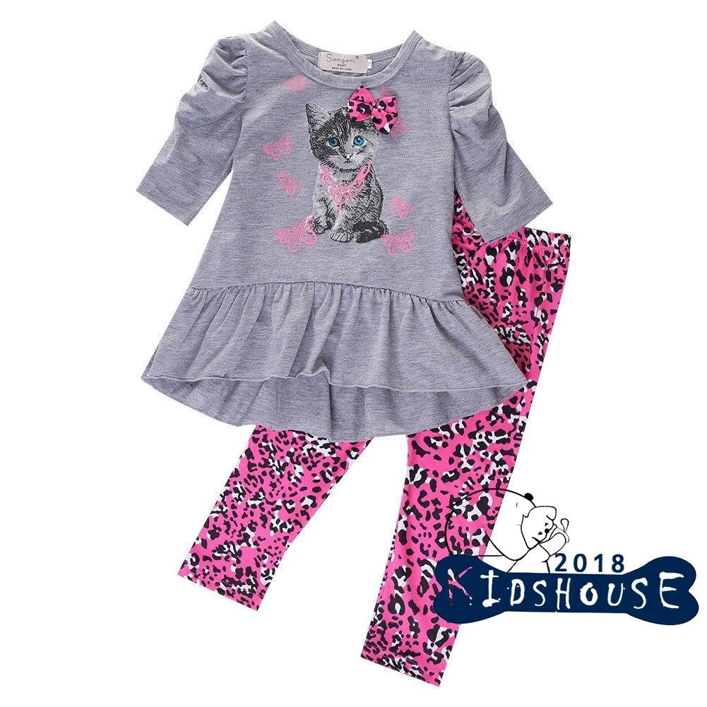 ภาพหน้าปกสินค้าIHK-2pcs เด็กผู้หญิงเด็ก Cat เสื้อ Tops + Leopard กางเกง Leggings Outfits เสื้อผ้า 2-7Y