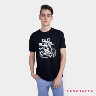 แขนสั้นพิมพ์ลาย☑♘เสื้อยืดกราฟิก Penshoppe Old School สำหรับผู้ชาย (สีดำ)