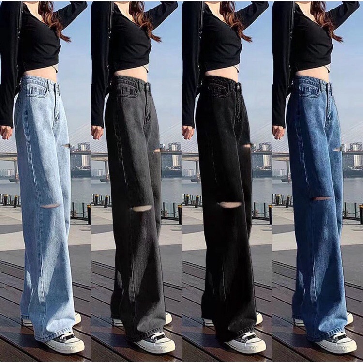 ภาพหน้าปกสินค้าJeans 565ไซส์ S-3XL กางเกงยีนส์เอวสูง มี 4 สี กางเกงขากว้าง ขาด กางเกงยีนส์พลัสไซส์ สวยเก๋