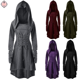 Women Vintage Goth Punk Cosplay Witch Hooded Lace Up Witch Hooded Long Dress