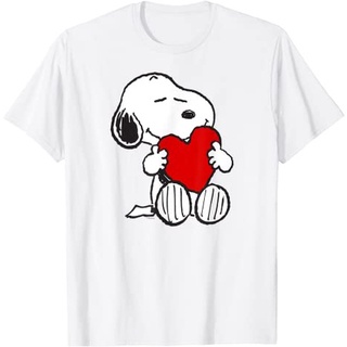 เสื้อยืดสีพื้น เสือยืดผู้ชาย เสื้อยืด ลาย Valentine Snoopy Hugging Heart สําหรับผู้ชาย และผู้หญิง