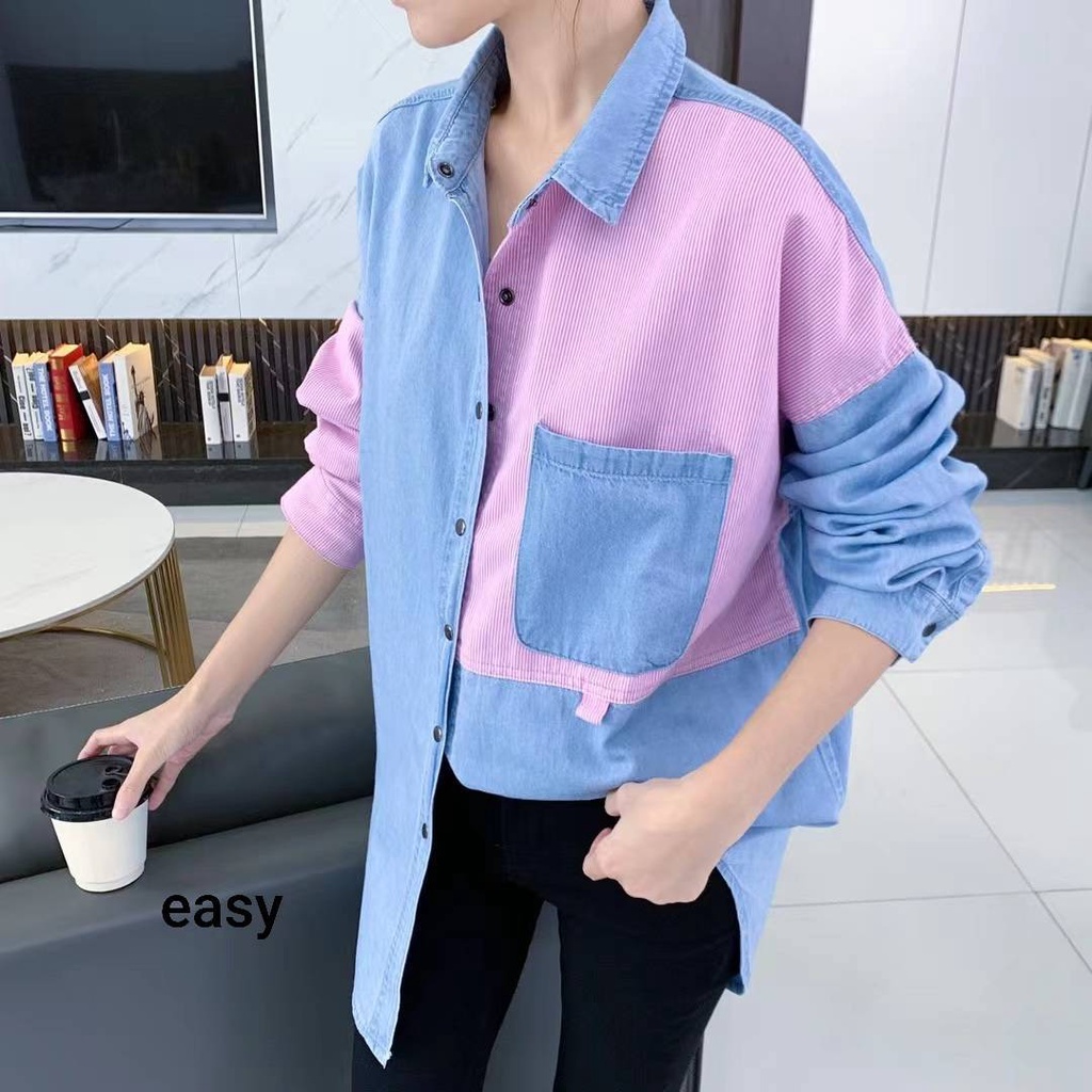 เสื้อคลุมยีนส์แขนยาว-กระดุมหน้า-พร้อมแต่งทูโทน-ยีนส์ฟอก-งานดี-ผ้าบางนิ่ม-แมตง่าย-ใส่ชิคๆ-oversize