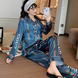 (ราคาต่ำสุด)สไตล์ญี่ปุ่นเกาหลี，ชุดนอนสตรี，ผ้าซาตินใส่สบาย，แขนยาว + กางเกงขายาว，S-3XL