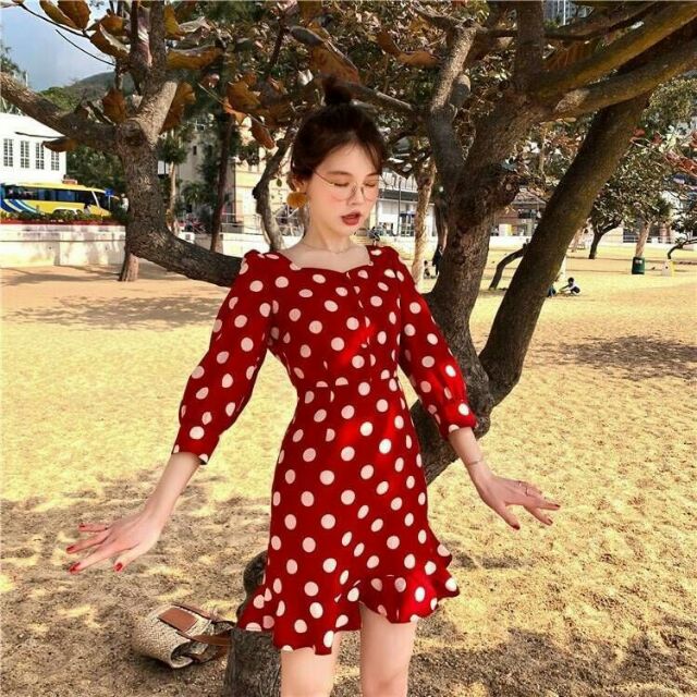 new-polka-dot-dress-สินค้านำเข้า-พร้อมส่ง-มินิเดรสลายดอทสุดคิวท์