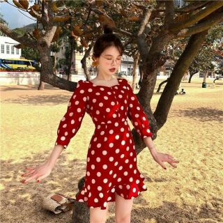 💋💋New!!! Polka Dot Dress 💋สินค้านำเข้า พร้อมส่ง มินิเดรสลายดอทสุดคิวท์